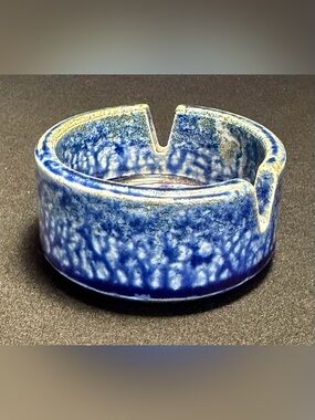 Vintage Blue Spongeware Pottery Ashtray Studio Pottery MCM Ceramic Catchall